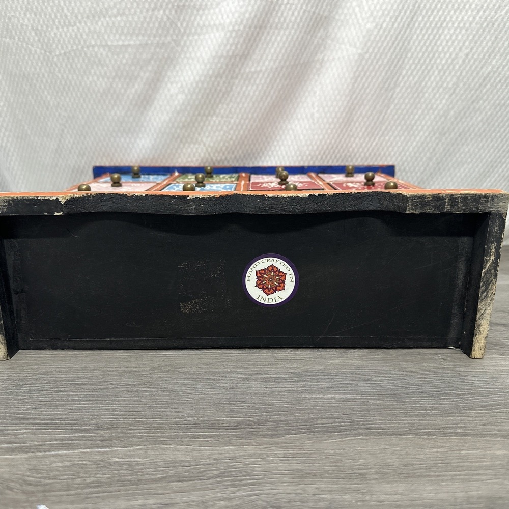 Hand Painted Wooden 12 Drawer Spice Chest Jewelry Box Multi Color Boho Folk Art - Picture 12 of 13